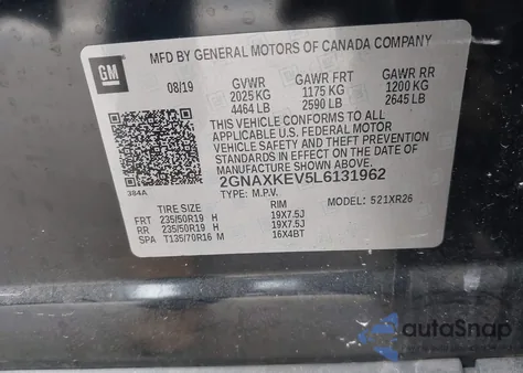 2020 Chevrolet Equinox Fwd Lt 1.5L Turbo from USA, damaged, VIN 2GNAXKEV5L6131962